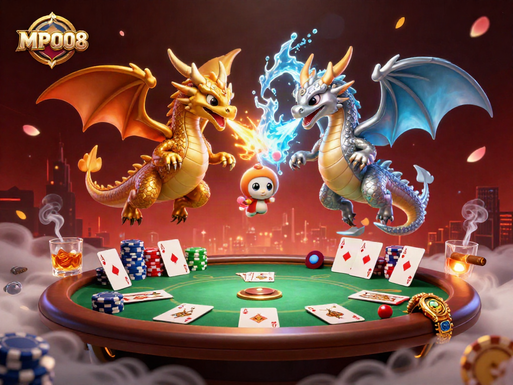 MPO08 showcases an enchanting scene with twin 3D dragons in a vivid gambling setting, highlighting strategic poker elements.