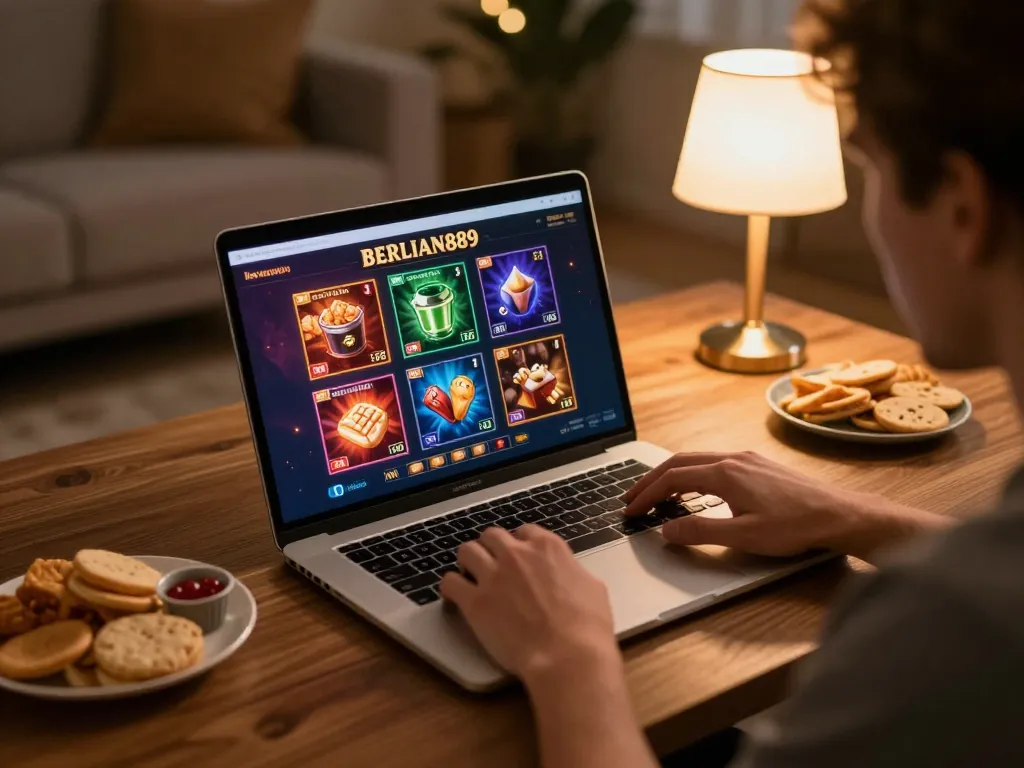 Engaged player strategizing with BERLIAN889 online casino interface displayed on laptop, cozy home atmosphere.