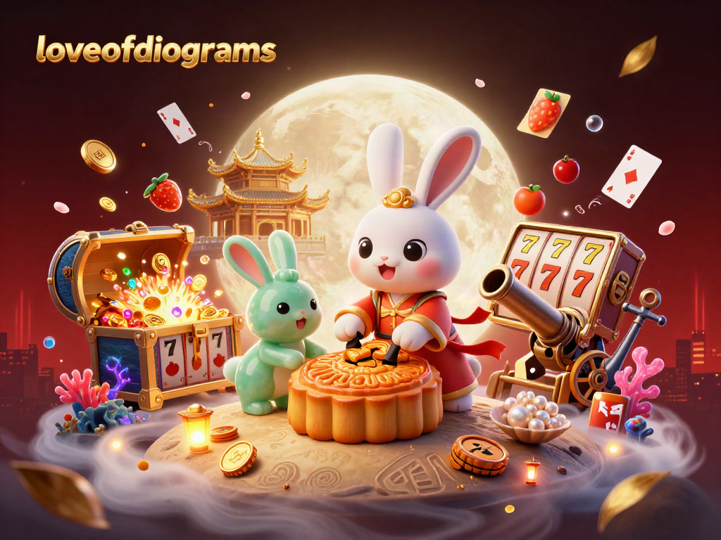 Slot online dengan simbol keberuntungan dan karakter lucu di latar magis loveofdiagrams.