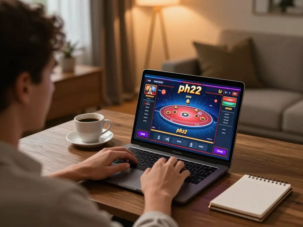 Player engaging in ph22 online casino gaming on a laptop, showcasing a live dealer interface