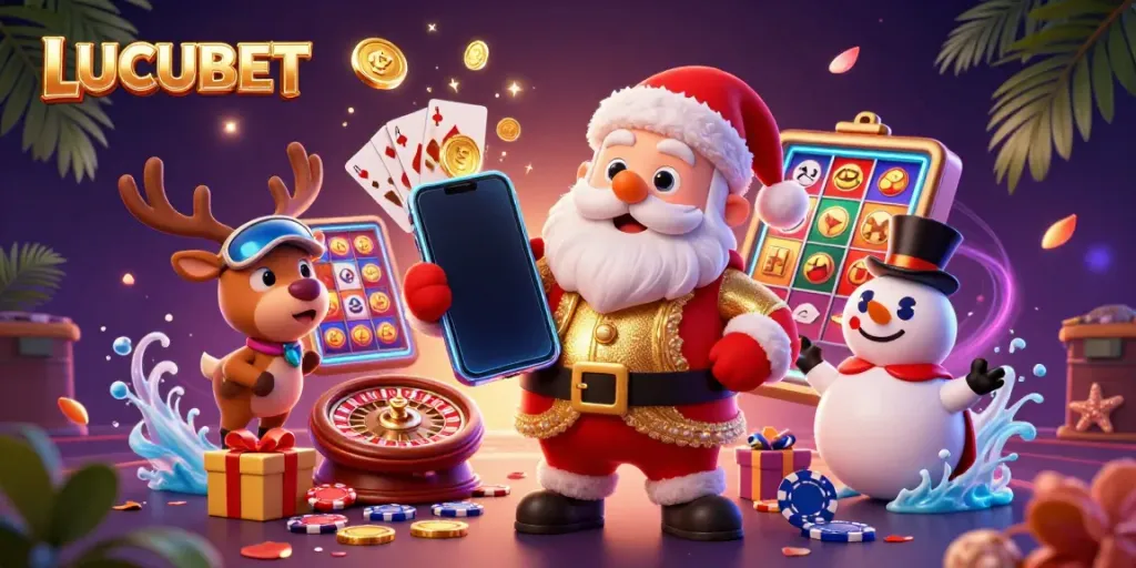 LUCUBET presents a vibrant 3D illustration of a joyful Santa Claus, engaging with slot games amidst a colorful casino setting.