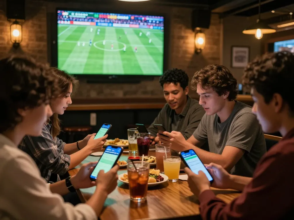 Watch friends engaging in sports betting with kèo nhà cái on their smartphones during a football match