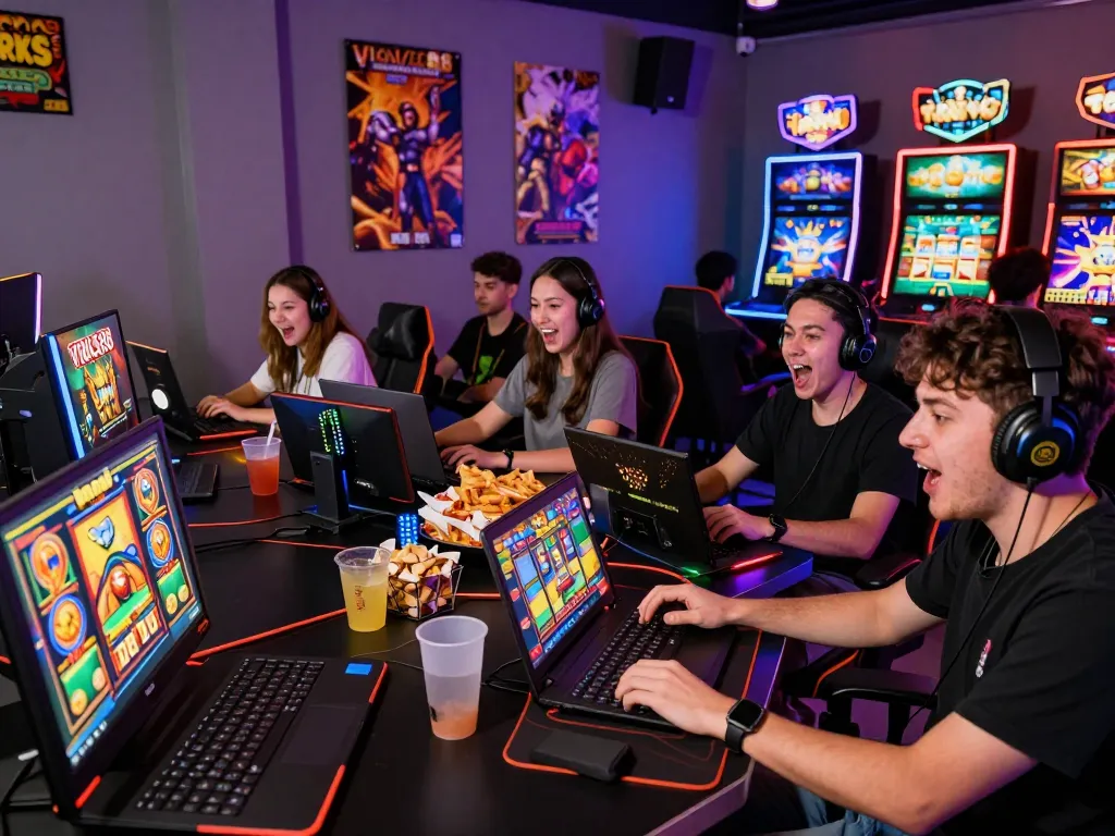 Para pemain menikmati slot online VIRUS88 di lounge bermain yang cerah