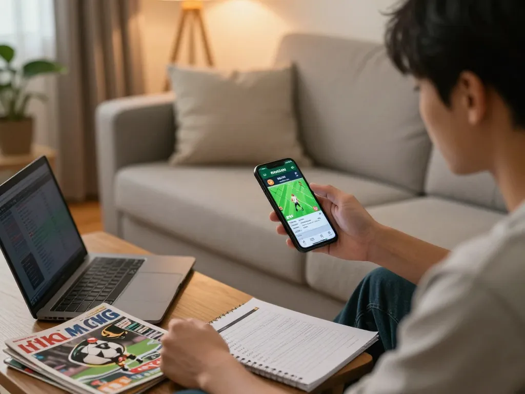 Engaging in keo nha cai mobile betting, analyzing odds on a smartphone in a cozy living room setting.