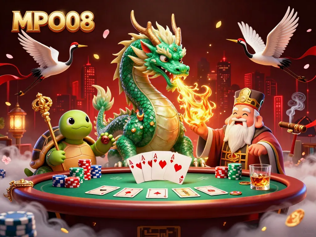 MPO08 captures the thrill of online gambling with a grand jade dragon and card games.