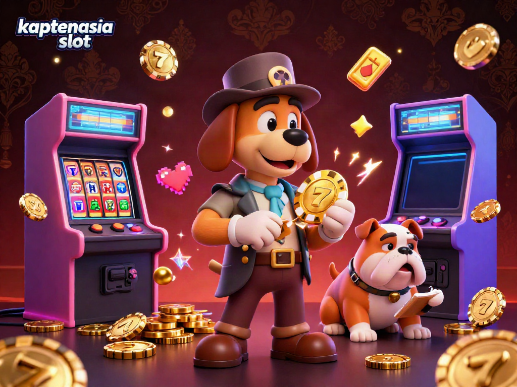 Memainkan kaptenasia slot dengan karakter detektif dan mesin slot dalam ilustrasi 3D yang megah.