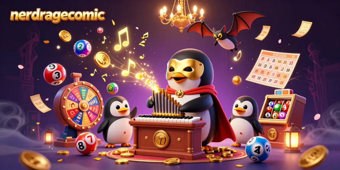 Gambarkan aksi menarik dari nerdragecomic saat penguin opera bermain organ berharga dengan koin emas di kasino.