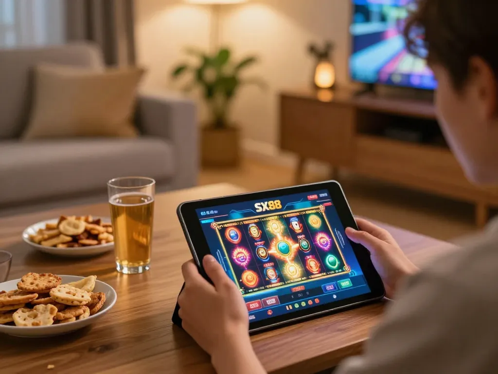 SX88 player enjoying dynamic online slots game on tablet in cozy home environment.