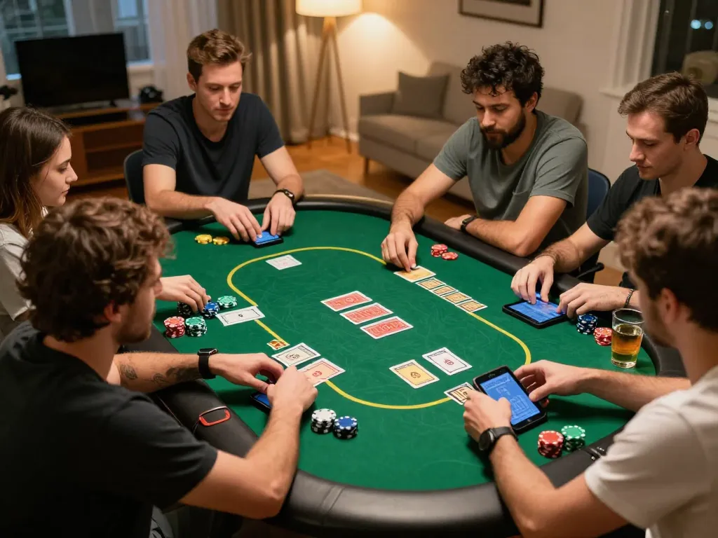 An exciting poker night scene at home showing players engaged in a hi88com online poker game with vibrant cards and chips.