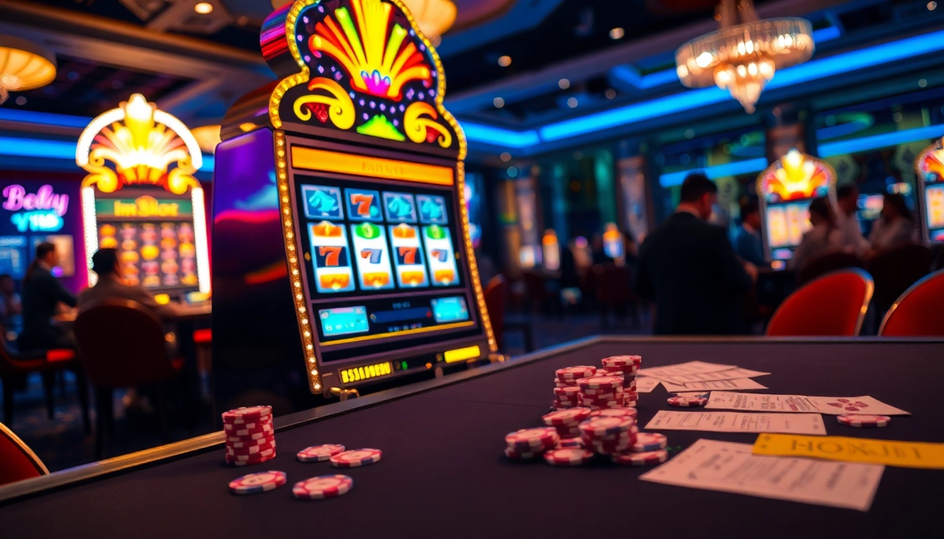 Exciting gameplay at an idnslot machine in a luxurious casino setting.