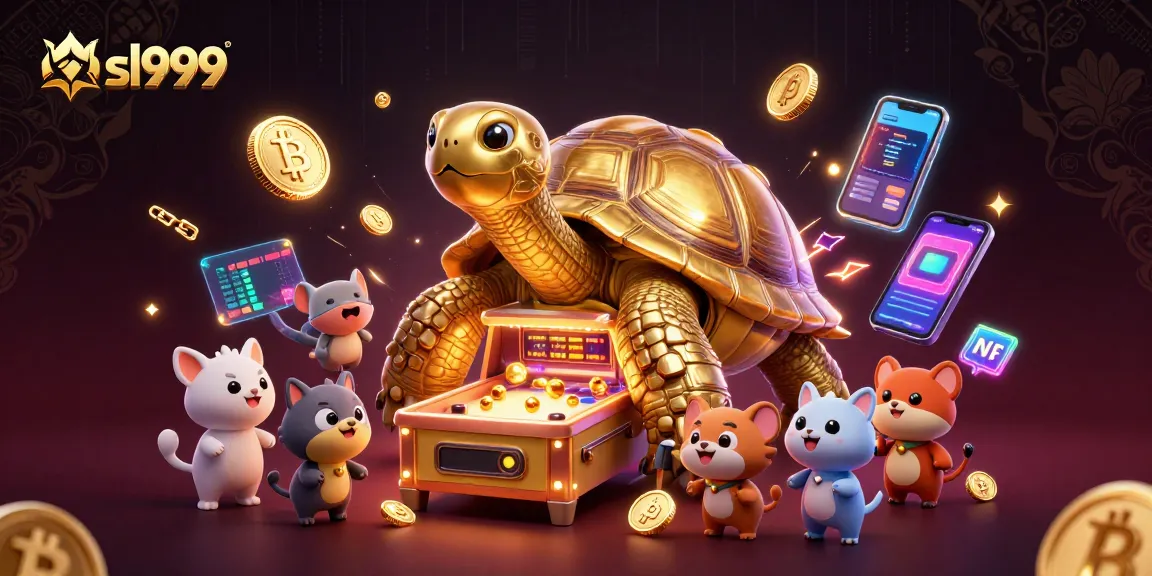 Experience the excitement of sl999 as adorable animals play on a colossal tortoise pinball machine amidst vibrant crypto elements.
