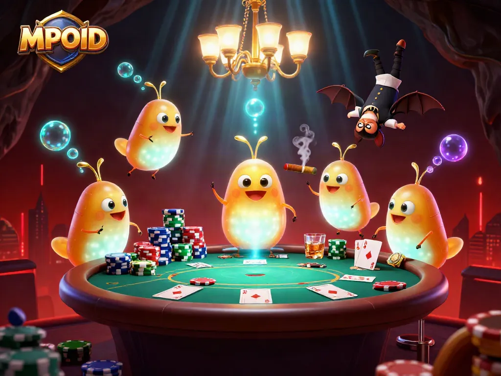 MPOID glowworms illuminate a lively cave casino with poker action, enhancing the thrilling atmosphere.