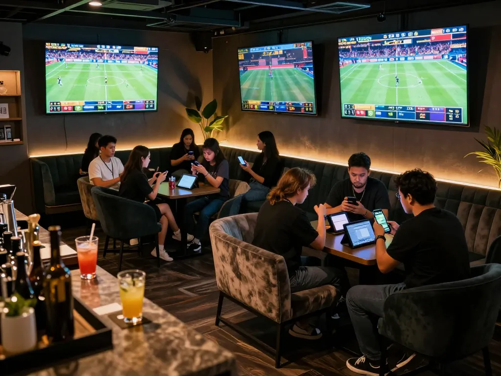 Fun88 bettors engaging in live sports analysis while placing bets in a modern lounge atmosphere.