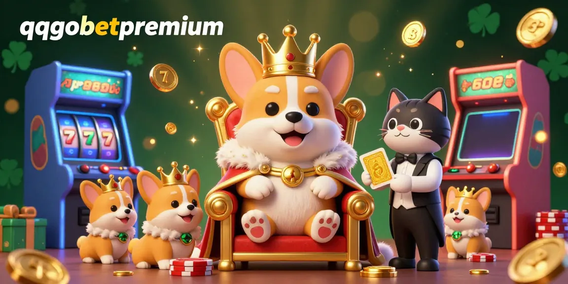 Experience excitement at qqgobetpremium with a corgi king and a dazzling casino scene filled with vibrant gaming elements.