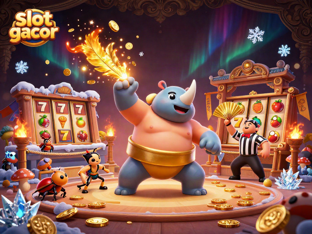 slot gacor menyebarkan koin emas saat juara kejuaraan kepada penonton di arena kasino toko virtual