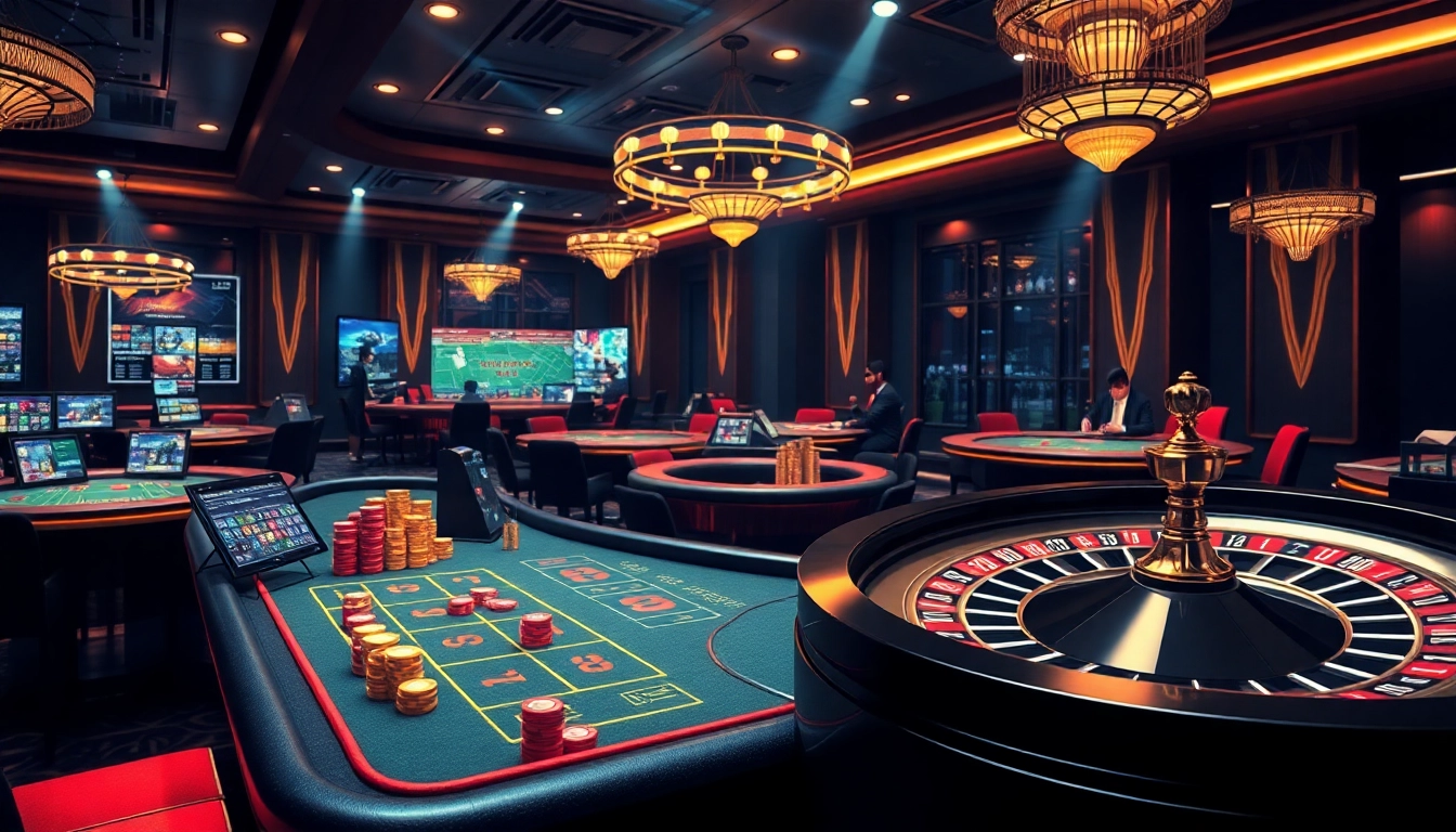 Experience the thrill of đá gà 368 at a luxurious casino with vibrant gaming tables.