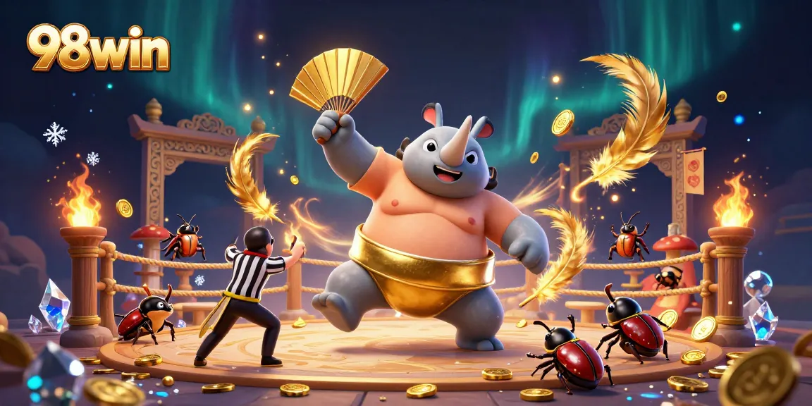 Engage thrillingly with 98win in a dynamic 3D casino scene featuring lively characters and vibrant game elements.