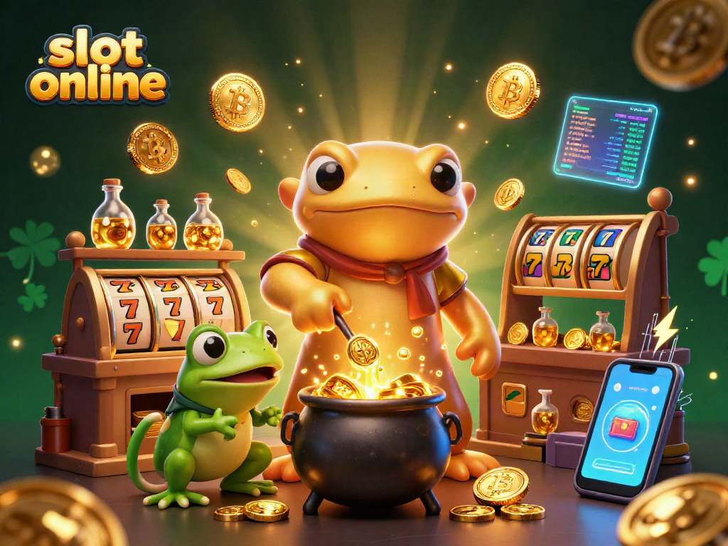 Mainkan slot online yang menarik dengan salamander alkemis dan cauldron emas di latar belakang fantastis.