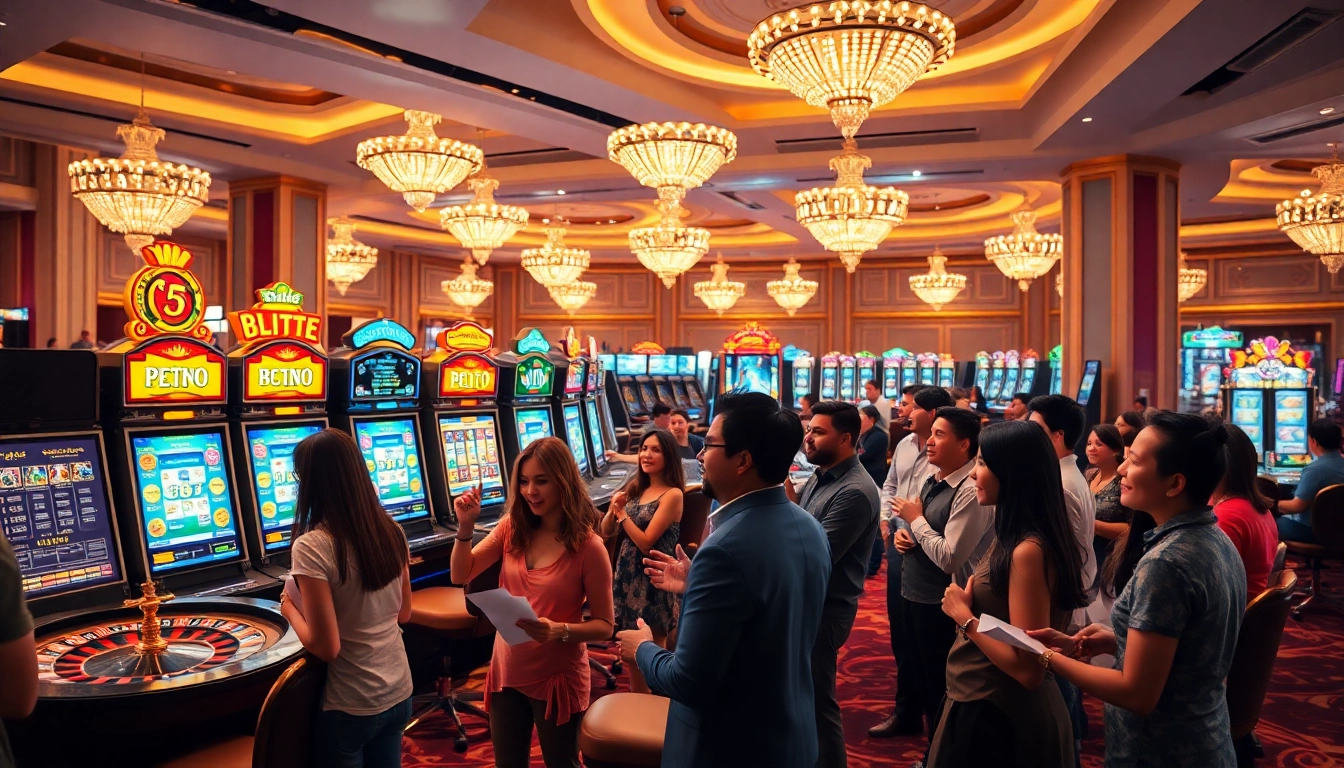 Experience exhilarating link slot via pulsa action at a vibrant casino with excited players.