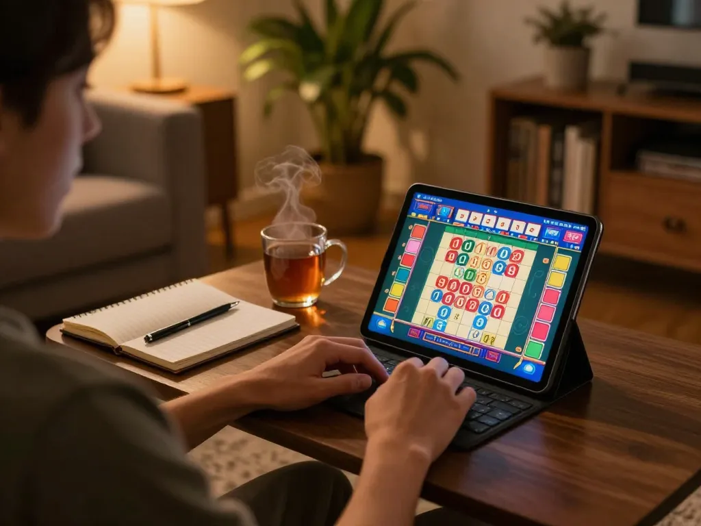 Engaging in đánh lô đề online using a tablet in a cozy living room setting with strategic notes