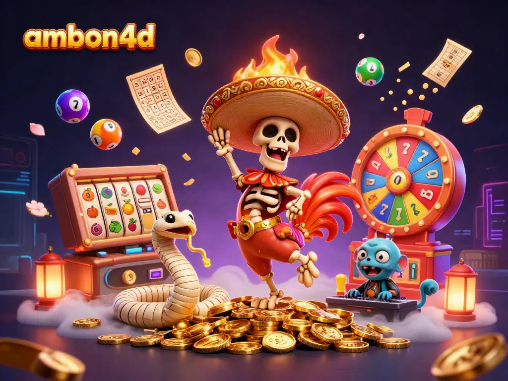 The dynamic scene celebrates ambon4d with a festive illustration of a mariachi rooster, mummy snake, and DJ hamster amidst slot symbols and golden coins.