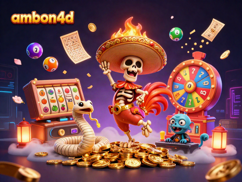 The dynamic scene celebrates ambon4d with a festive illustration of a mariachi rooster, mummy snake, and DJ hamster amidst slot symbols and golden coins.