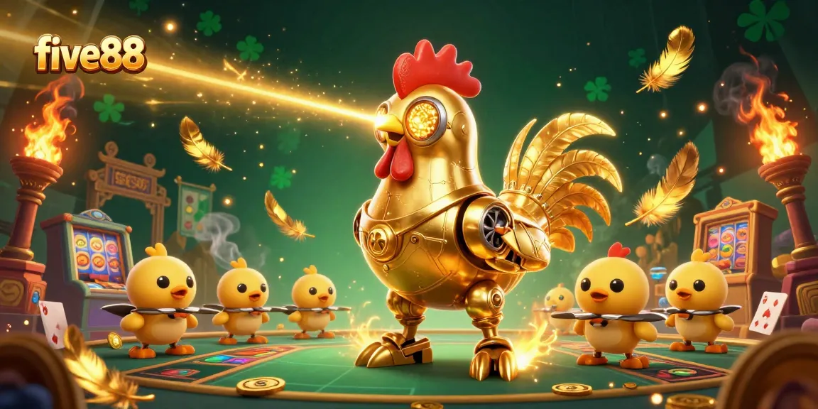 Exciting five88 gaming scene with golden rooster robot and chick drones in a lively casino atmosphere.
