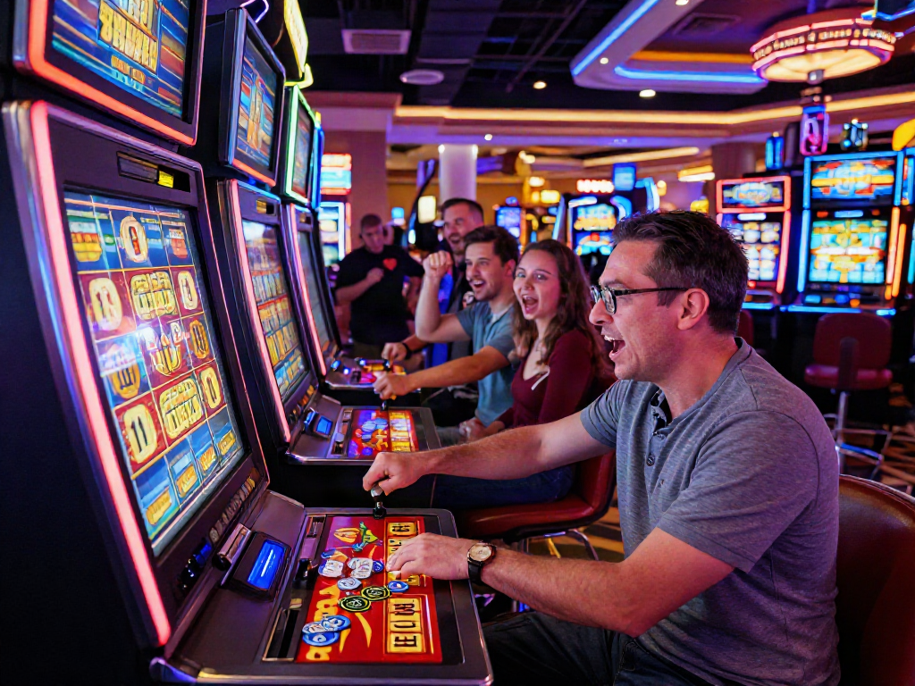 A player immersed in a bro138 slot machine game at a vibrant casino, surrounded by cheering friends and colorful LED displays.