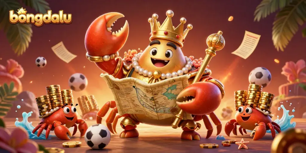 Bongdalu shows a vibrant sports betting scene featuring a golden crab emperor amidst sports elements and treasure.