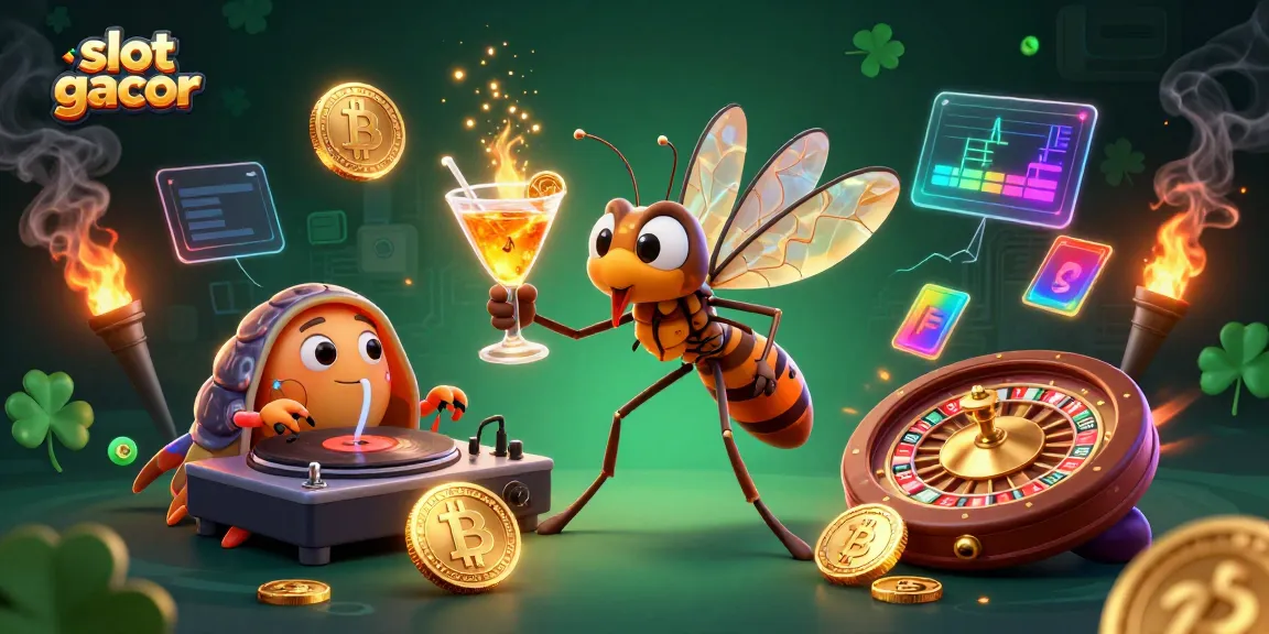 Join the slot gacor excitement with a frozen mosquito casino mascot amidst neon crypto coins and a fossil-themed DJ.