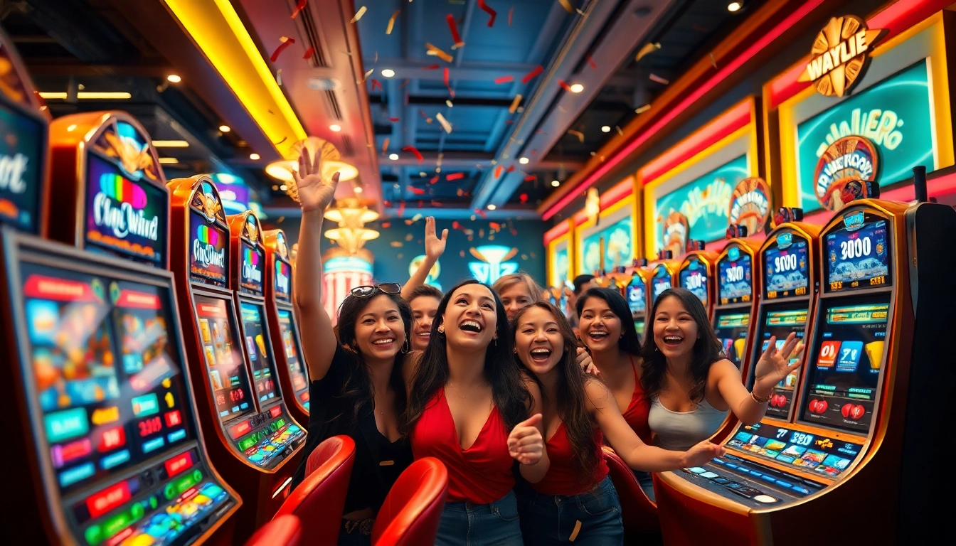 Exciting casino scene highlighting wonplay893 players celebrating wins amidst vibrant slot machines.