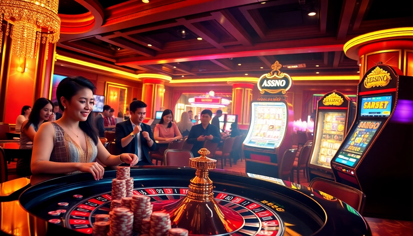 Berlian888 players celebrating a jackpot win at a vibrant casino featuring luxurious roulette and slot machines.