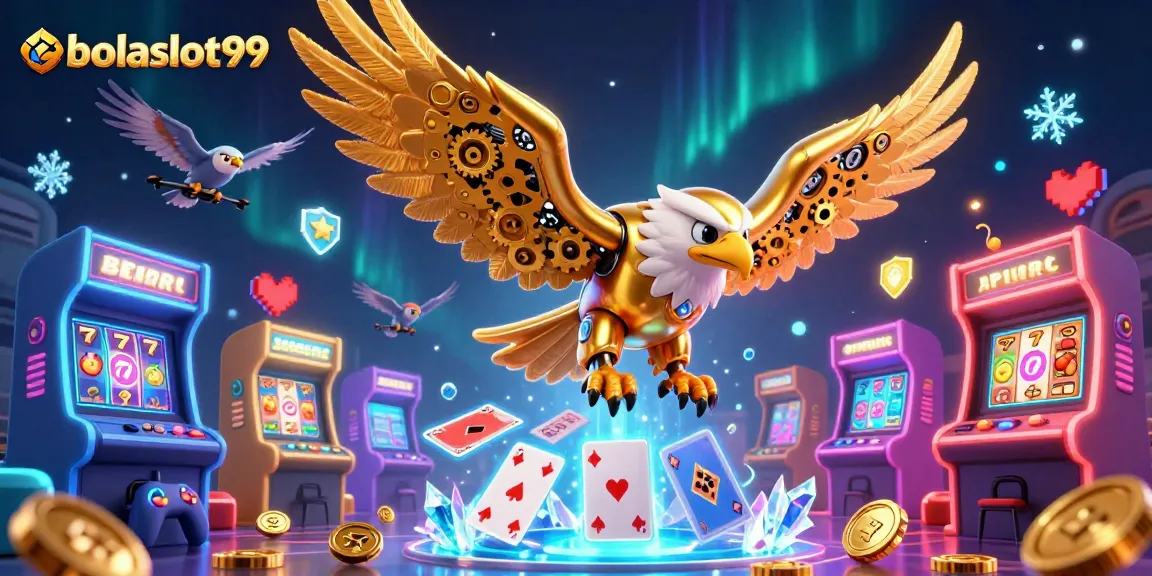 Bolaslot99 showcases a thrilling dive into the world of slots with a striking cybernetic golden eagle amidst colorful casino elements.