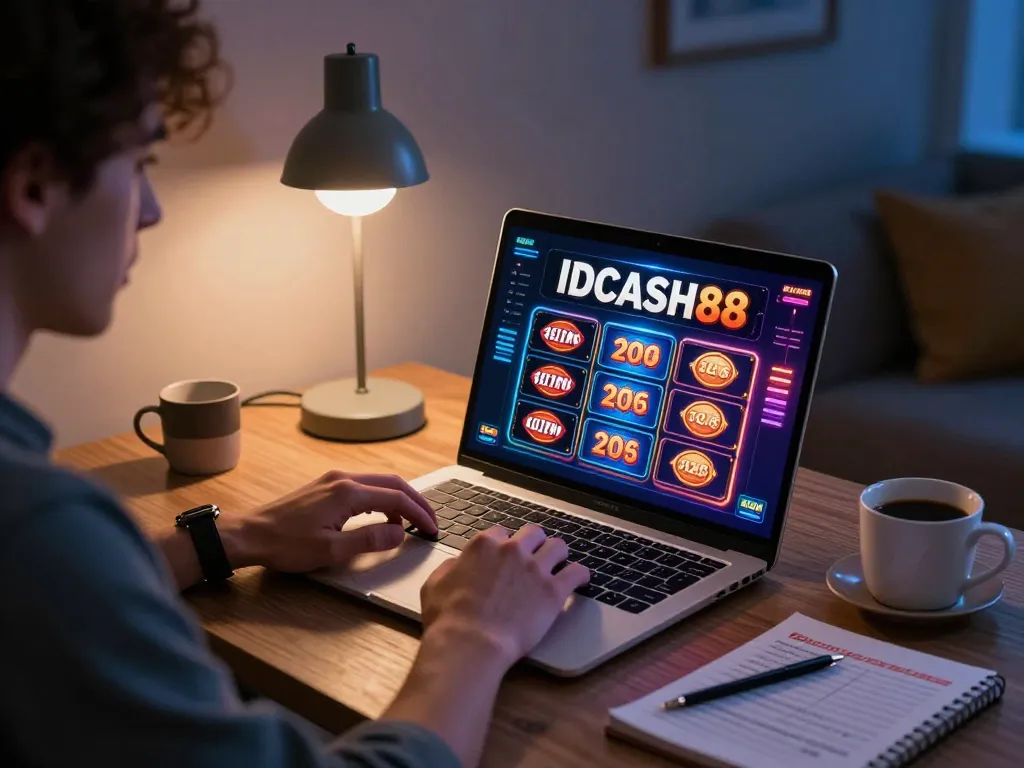 Engaging with IDCASH88 online casino on a laptop in a cozy home environment.