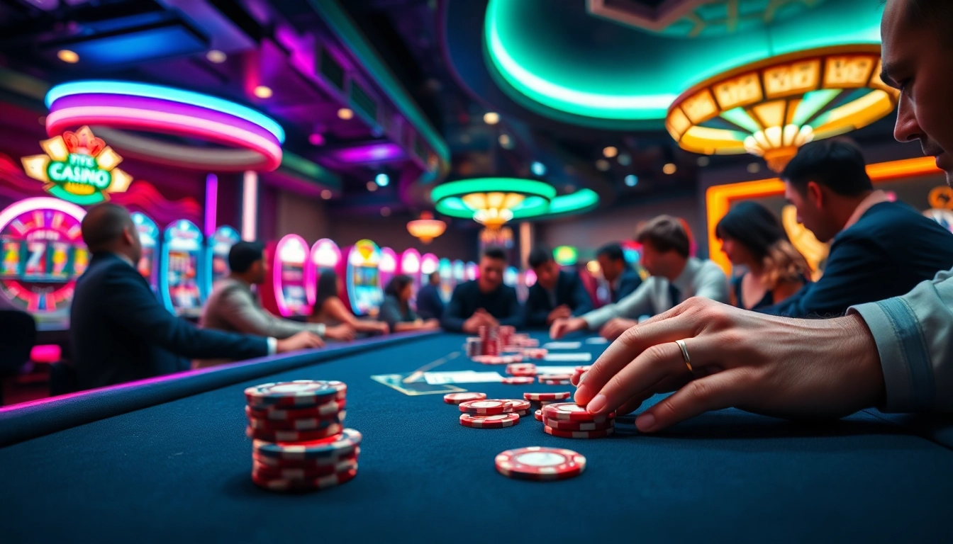 Permainan meja poker di casino Nemo69 menampilkan lampu neon dan suasana ramai.