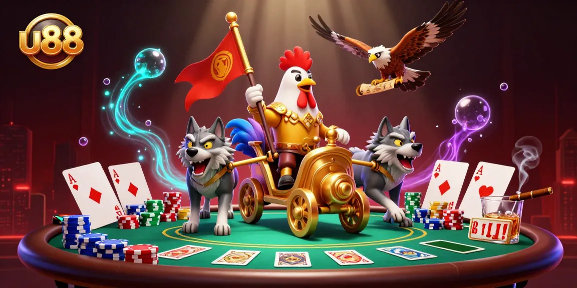 Engage with u88's dynamic poker scene featuring a rooster warlord and chips galore.