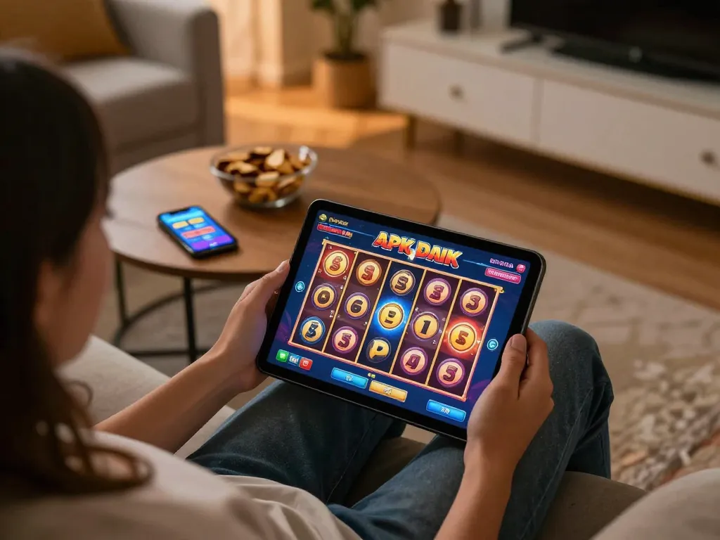 Bermain permainan slot apk di tablet dalam suasana rumah yang nyaman dengan grafik yang cerah dan camilan