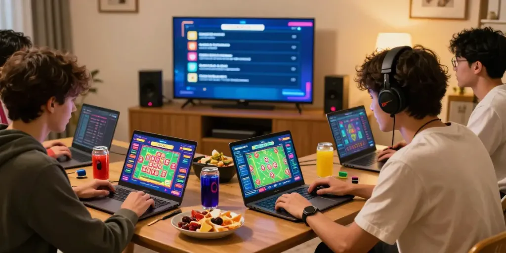 Gamer bersemangat bermain alexistoto dengan teman-teman di ruang santai yang nyaman.