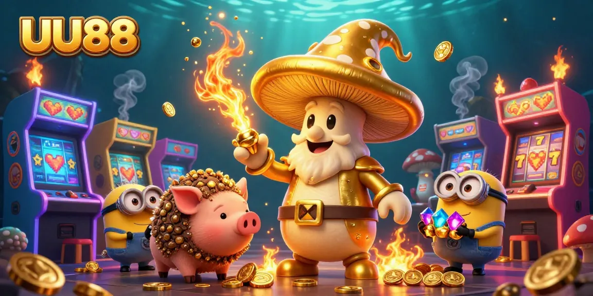 Experience thrilling gameplay at UU88 with magical creatures and casino excitement in a vibrant illustration.