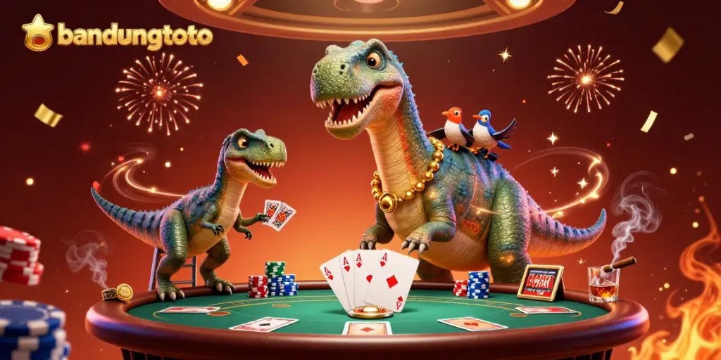 Experience thrills at bandungtoto with a giant brontosaurus watching a poker game and vibrant casino visuals.