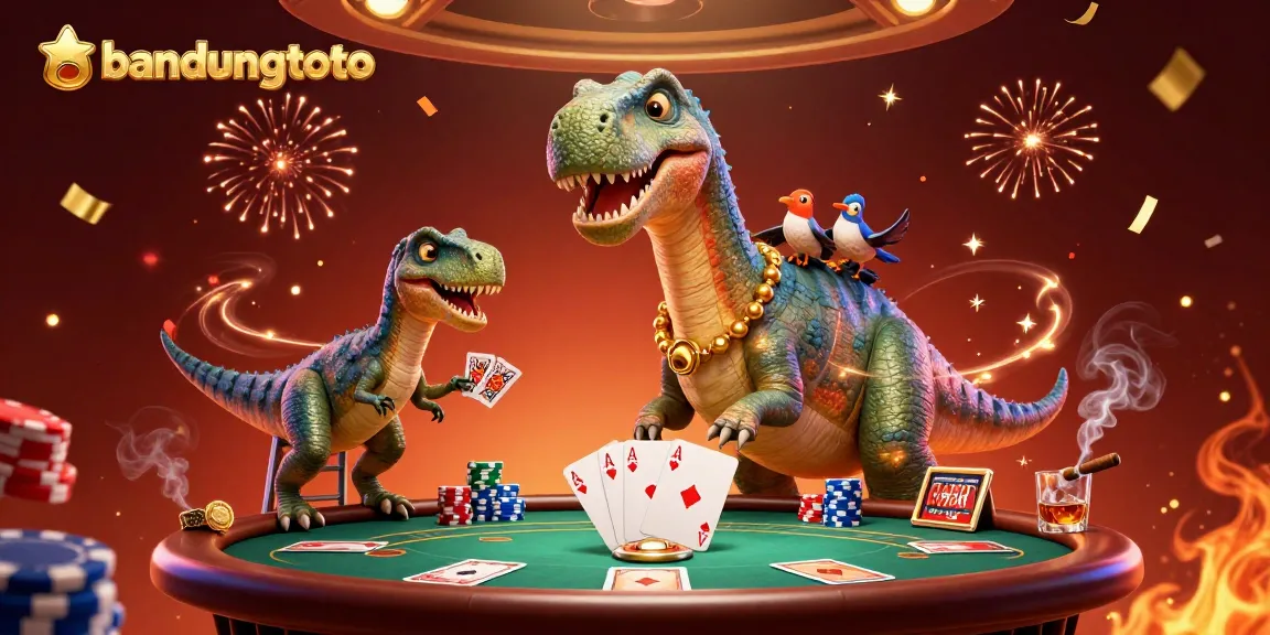 Experience thrills at bandungtoto with a giant brontosaurus watching a poker game and vibrant casino visuals.