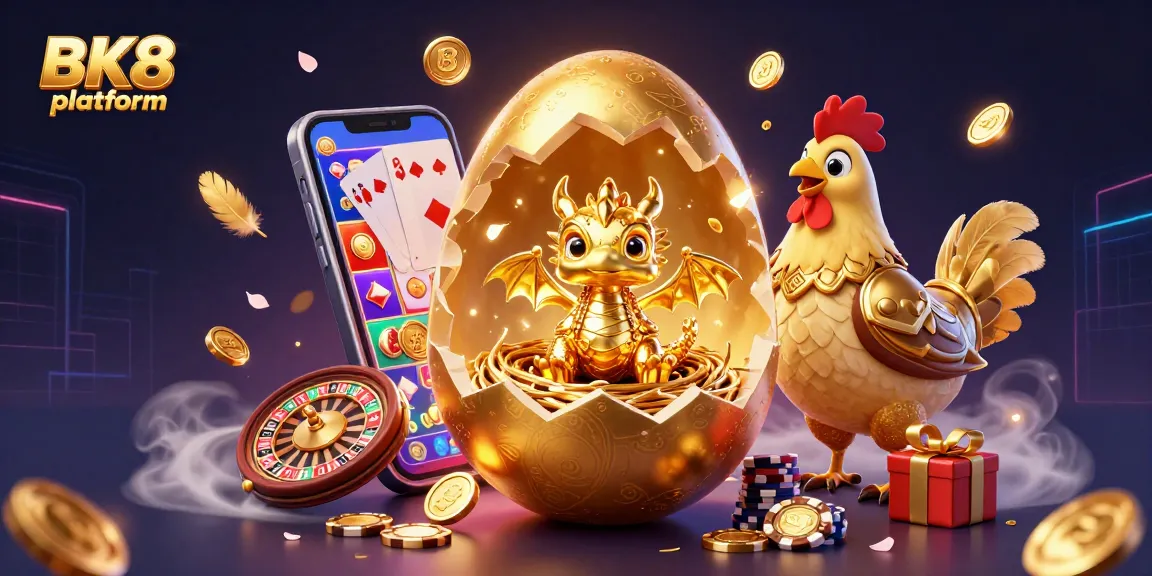 Experience the excitement of the BK8 platform with a stunning dragon emerging from a golden egg surrounded by gaming elements.