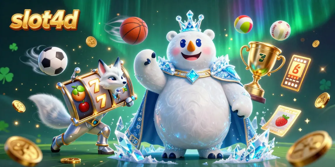 Engage with slot4d through captivating 3D illustration of a polar bear and snow fox amidst slot reels and sports elements.