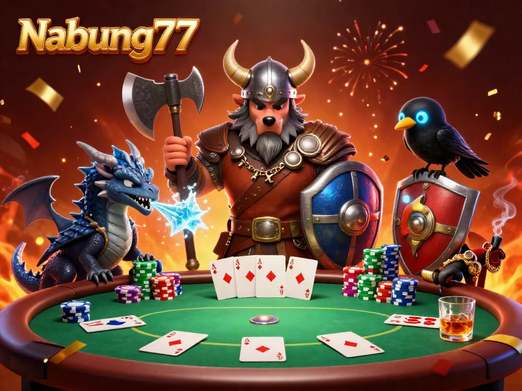 Nabung77 menghadirkan sensasi permainan slot dengan karakter Viking dan naga dalam suasana kasino yang meriah.