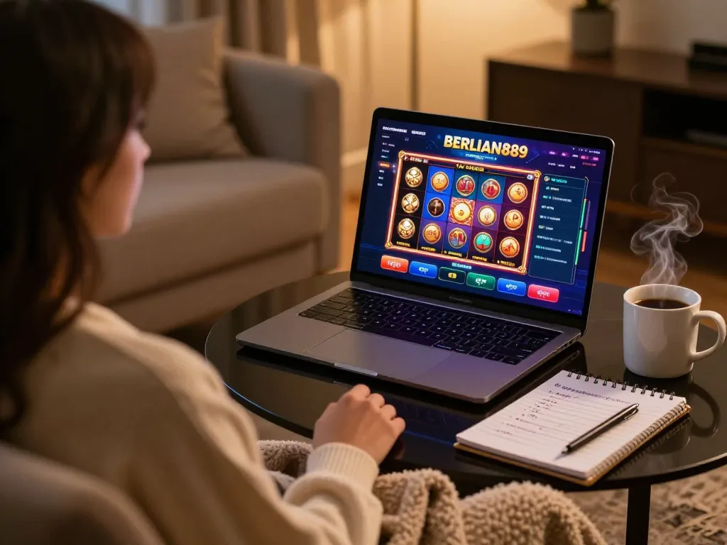Engaging online gaming experience with BERLIAN889 on screen, showcasing casino excitement at home.