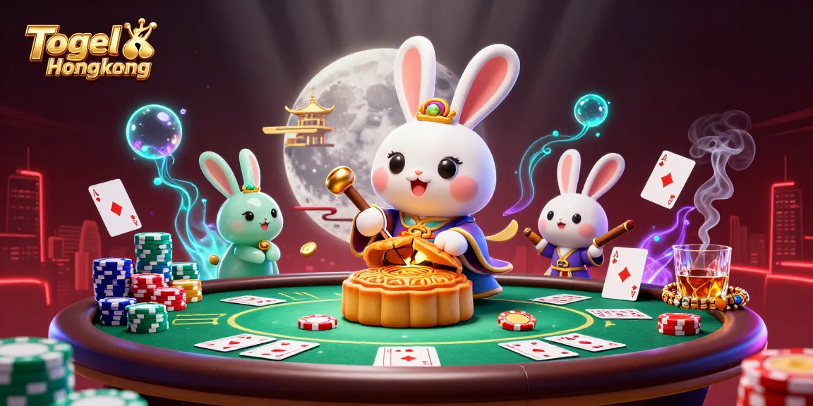 Engage with Togel Hongkong as a cartoon moon rabbit reveals poker chips in a vibrant lunar casino scene.