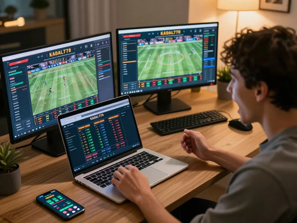 Person excitedly placing bets on KADAL778 while watching live sports events.