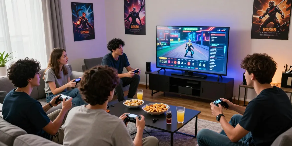Suasana bermain game BOS88 dengan teman-teman di ruang tamu yang ceria dan energik.