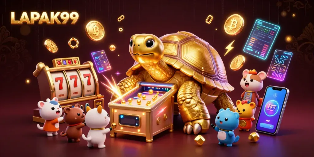 LAPAK99 showcases a bustling gaming atmosphere with a golden tortoise pinball machine, surrounded by vibrant slot elements.