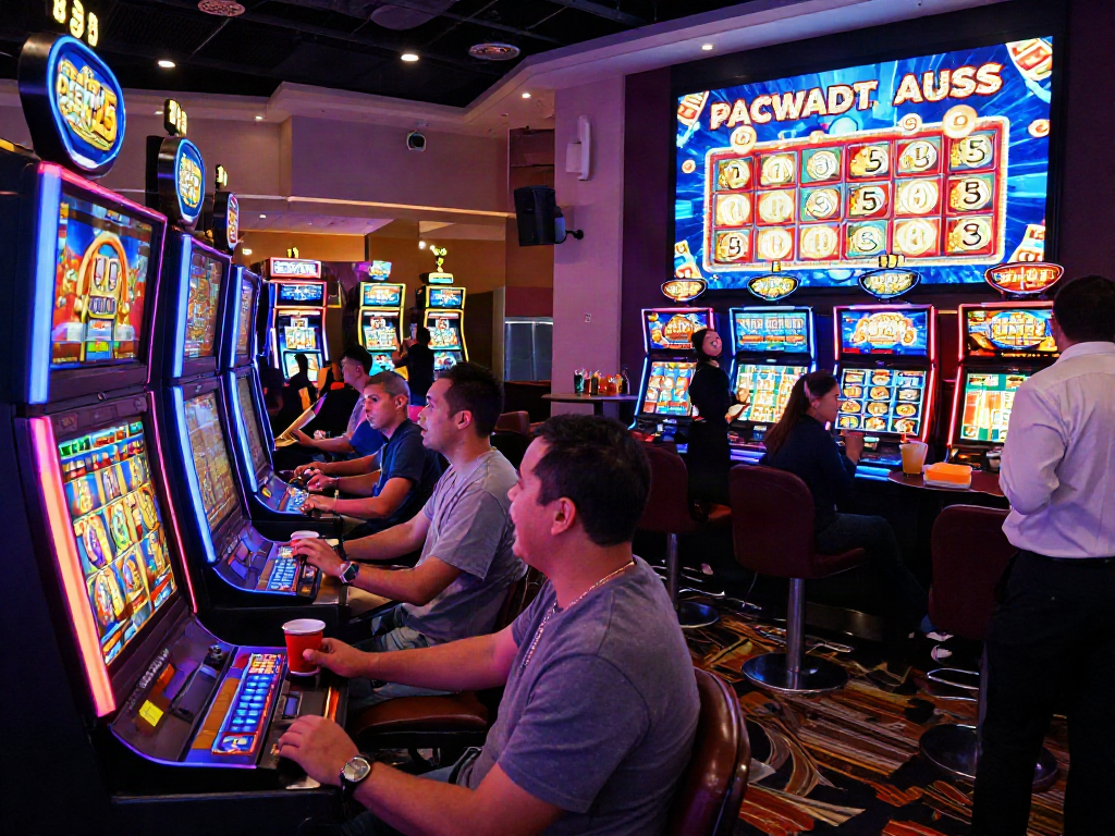 Permainan pecah25 slot yang menarik dengan pemain bersemangat di kasino, mesin slot berwarna-warni, dan suasana meriah.